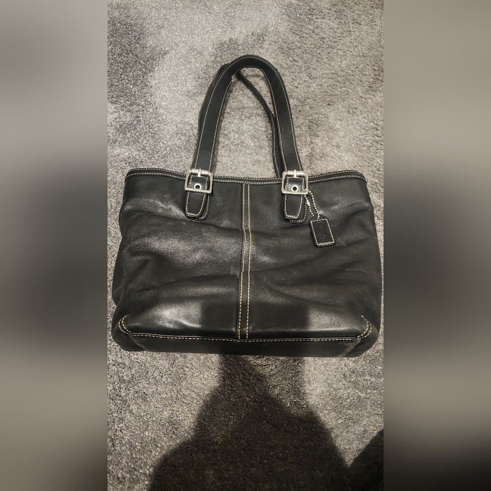 Coach Black Leather Tote with White Contrast Stitching